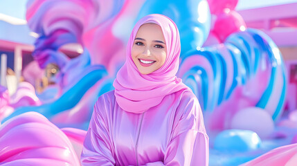 Fototapeta premium Woman in Pink Hijab, Candy-Colored Park