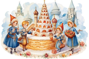 Obraz premium An idyllic scene of Maslenitsa celebrations with children in folk costumes having fun around the symbolic Maslenitsa cake, which resembles a temple with domes. 