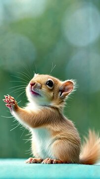 Cute squirrel reaching out with tiny paws, surrounded by a blurred green background in nature