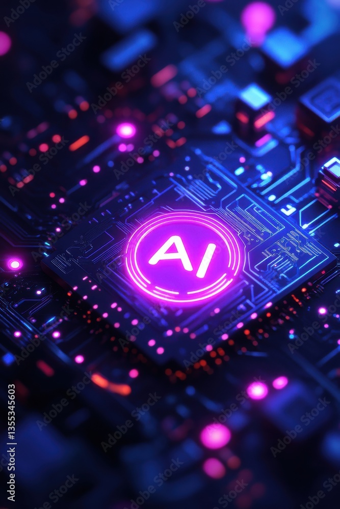 Poster futuristic glowing ai logo embedded in a digital circuit board design