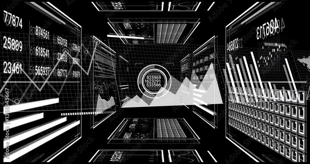 Poster creating animation of graphs and charts in futuristic black and white design