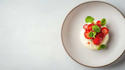 Delicate dessert topped with fresh strawberries and mint leaves,