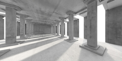 Ancient greek temple interior with stone columns and sunlight streaming through windows. 3d render