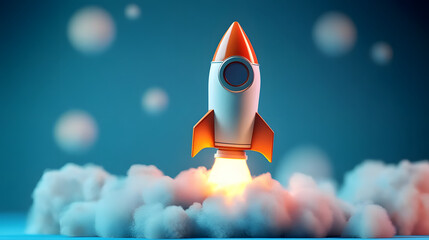 3d cartoon style minimal spaceship rocket icon. Toy rocket upswing ,spewing smoke. Startup, space, business concept