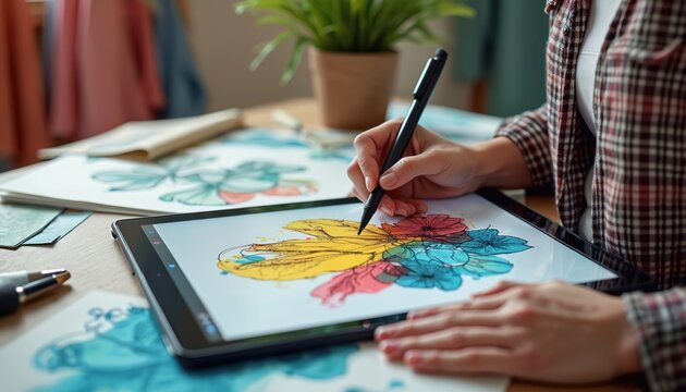 Fashion designer uses tablet stylus. Creative workspace filled with fabric swatches design tools. Woman draws fashion sketches on digital tablet. Fashion design process, digital art, sketching,