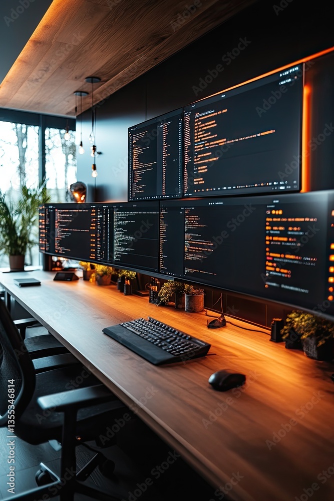 Poster sleek workspace illuminated by warm tones, featuring multiple sc