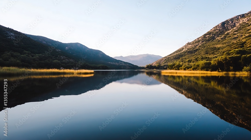 Poster breathtaking reflection of mountains and lush greenery on a calm lake under a clear blue sky : gener