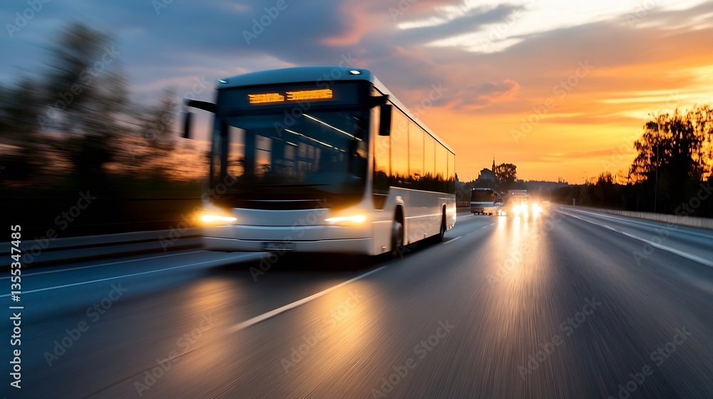 Aufkleber dynamic city bus speeding along a road during a stunning sunset creating a captivating scene : gener