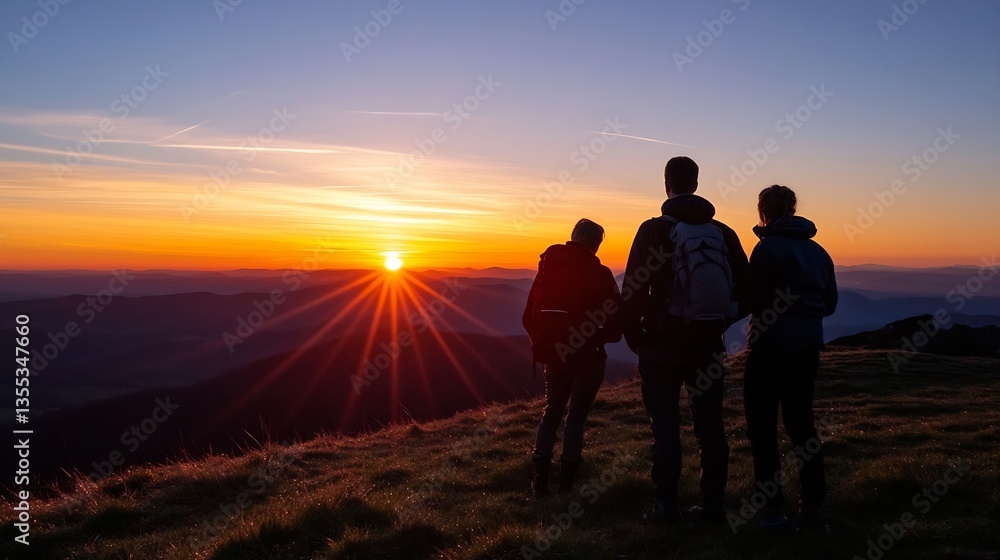 Poster silhouetted figures enjoying a breathtaking sunset view from a mountain top : generative ai