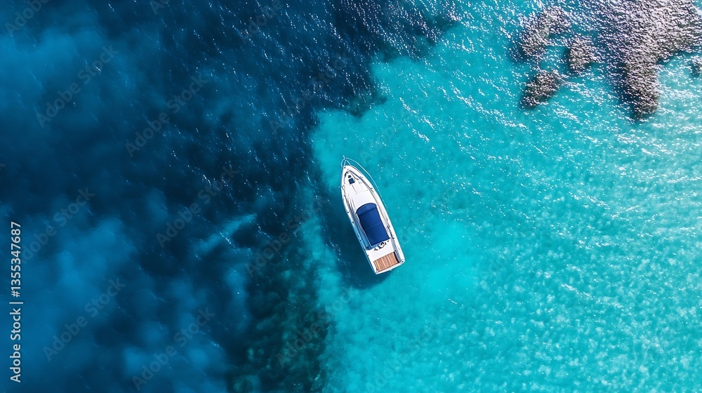 Poster aerial view of a single boat floating on clear turquoise waters depicting summer and adventure in na