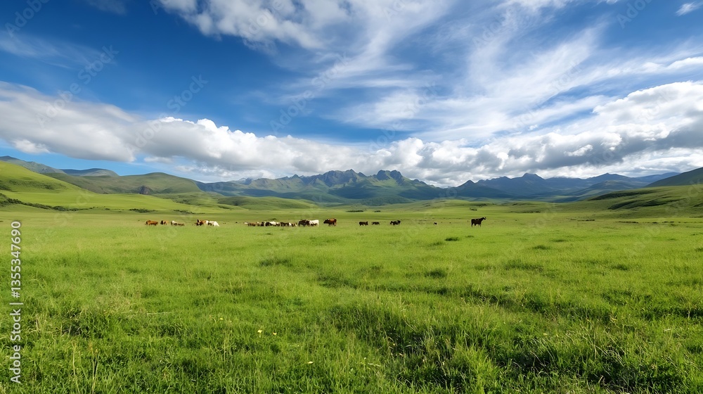Poster breathtaking panoramic view of green fields under a blue sky with fluffy clouds and distant mountain