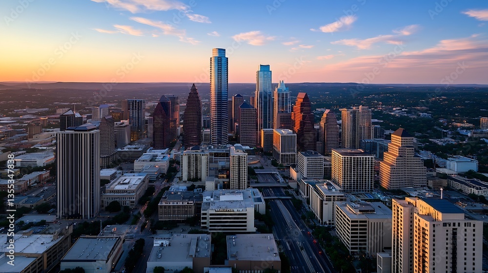 Poster stunning aerial view of downtown houston at sunset showcasing the vibrant skyline and colorful cloud