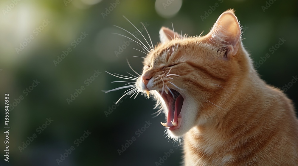 Poster Playful ginger cat yawning against a blurred backdrop capturing a moment of relaxed whimsy and warmth : Generative AI