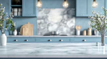 "Empty marble kitchen island with a clean surface in a blue vintage kitchen, designed in Provence style.