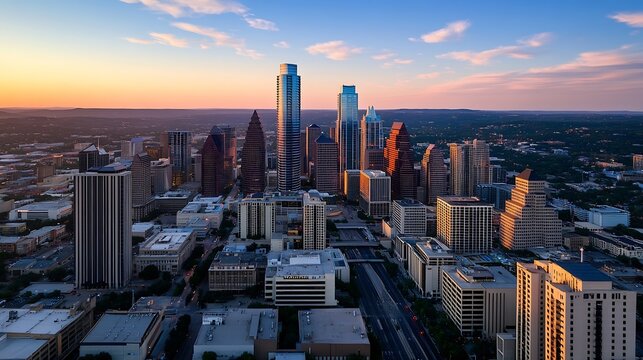 Stunning aerial view of downtown Houston at sunset showcasing the vibrant skyline and colorful clouds : Generative AI
