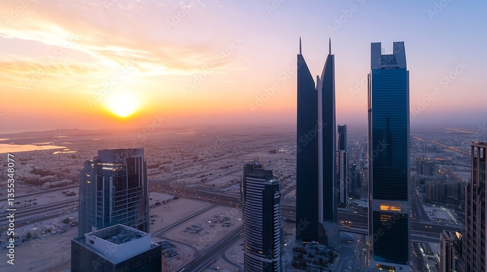 Poster aerial view of a cityscape with modern skyscrapers during a colorful sunset : generative ai