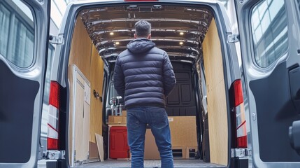 Naklejka premium Man Organizing Cargo in Delivery Van.