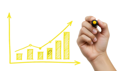 Hand drawing yellow business growth graph isolated on transparent background, cut out, ai generated