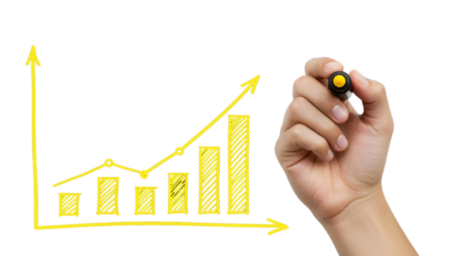 Hand drawing yellow business growth graph isolated on transparent background, cut out, ai generated