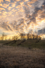Landscape photo with beautiful sunset and clouds on the sky , field and trees , spring evening in the woodlands ,sun lights , beautiful nature 