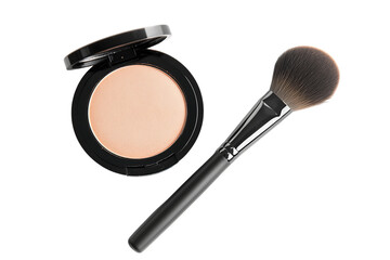 Peach Face Powder Compact and Black Makeup Brush on Transparent Background, PNG