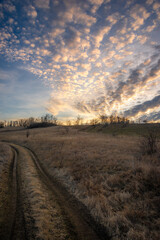 Landscape photo with beautiful sunset and clouds on the sky , field and trees , spring evening in the woodlands ,sun lights , beautiful nature 