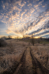 Landscape photo with beautiful sunset and clouds on the sky , field and trees , spring evening in the woodlands ,sun lights , beautiful nature 