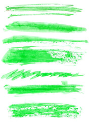 Set grunge brush strokes green lines, watercolor splashes background and texture, isolated on white, clipping path