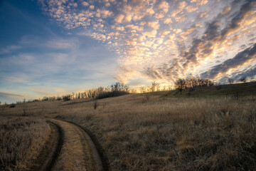 Landscape photo with beautiful sunset and clouds on the sky , field and trees , spring evening in the woodlands ,sun lights , beautiful nature 