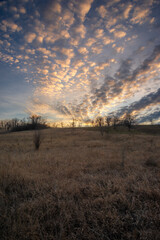 Landscape photo with beautiful sunset and clouds on the sky , field and trees , spring evening in the woodlands ,sun lights , beautiful nature 