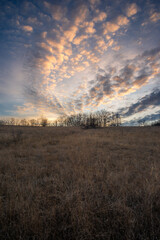 Landscape photo with beautiful sunset and clouds on the sky , field and trees , spring evening in the woodlands ,sun lights , beautiful nature 