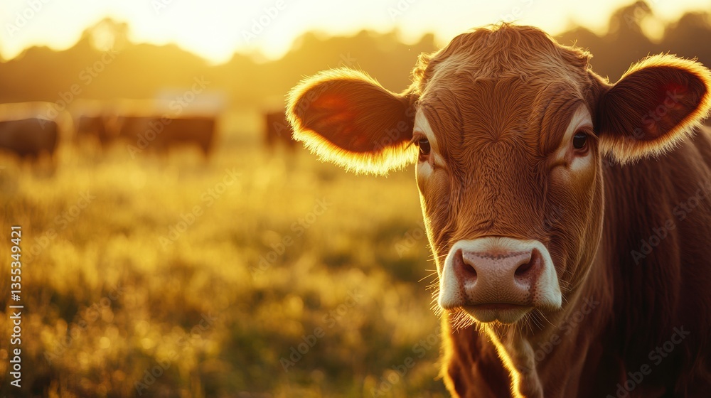 Poster Close-up view of a cows face illuminated by warm sunlight with a blurred farm setting in the background, showcasing soft fur and a serene atmosphere