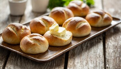 Freshly Baked Parker House Rolls with Butter Shot Angled on Rustic Tray in Soft American Dinner Light