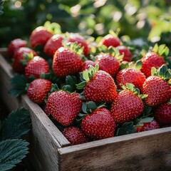 Freshly picked strawberries in a wooden crate, sunlight illuminating the vibrant red fruit and green leaves