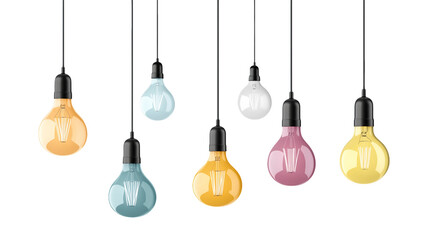 Naklejka premium Seven Pastel Light Bulbs Hanging Against Transparent Background, PNG