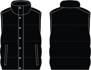 Black Blank Puffer Vest Flat Sketch | Fashion Technical Drawing
