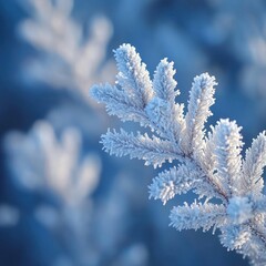 Frost-covered evergreen branch in soft, blue-toned light.  Close-up detail showcases delicate ice crystals