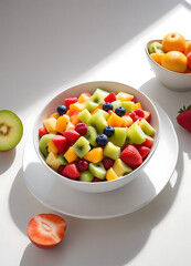 Fresh fruit salad in a bowl on a white table