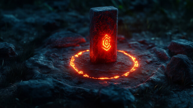 Close-up of a glowing red rune stone placed within an enchanted ritual circle.