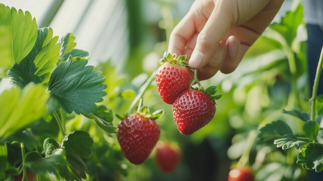 Young eco-conscious farmer picking strawberries in an organic greenhouse - for posts, blocks and presentations on spring gardening, strawberry picking, local fruits and berries