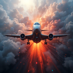  Soaring Ascent: Captivating front-facing shot of an airplane piercing through dramatic clouds and blazing light, suggesting journey and adventure. 