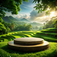 Nature's Stage: A breathtaking panoramic vista unfolds, showcasing a terraced rice field bathed in the golden light of dawn, with a rustic stage set invitingly in the foreground.
