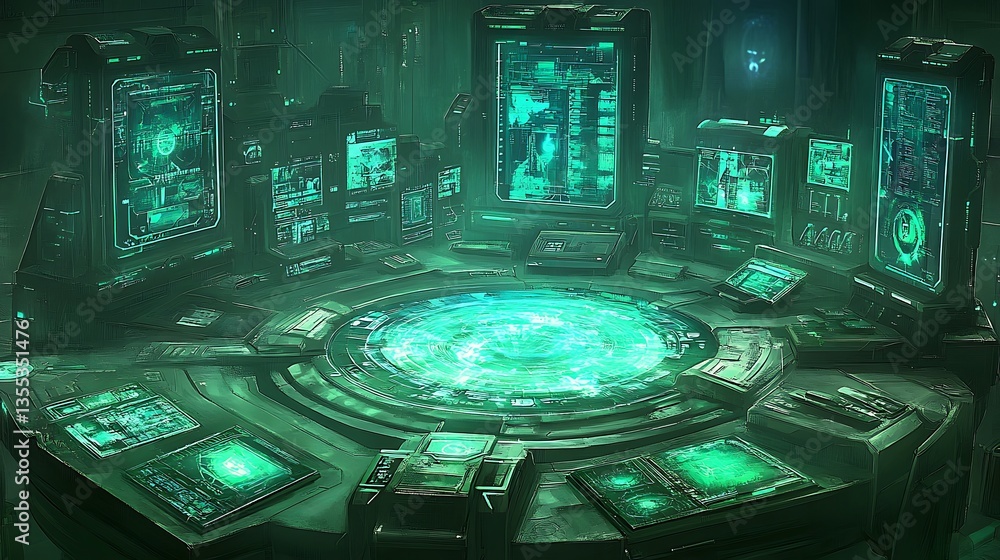 Poster futuristic command center features numerous digital display screens and consoles