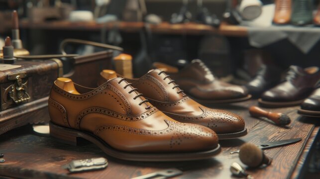 Traditional Shoemaking Workshop Background Depiction - Powered by Adobe