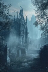 Obraz premium Gothic graveyard shrouded in mist and mystery.