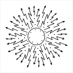 Obraz premium Hand drawn sun with lightning beams in doodle style. Abstract sun with thunderstorm energy isolated on white background. Concept of sun as power, electricity, and force in artistic line art. Arrows