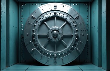 Bank vault with massive circular locking door. Secure storage access, finance wealth concept. Protection of valuable assets, guarding precious valuables, secure future.