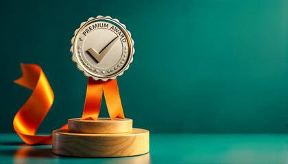 Trophy, checkmark emblem, wooden podium, orange geometric shapes, flame, teal background