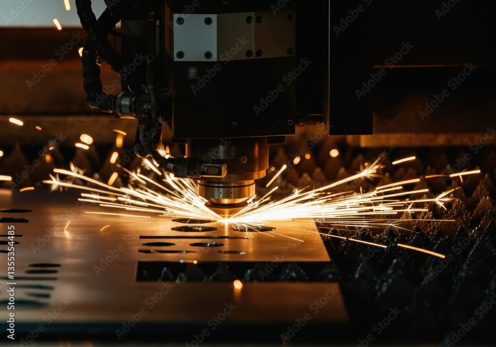 Aufkleber laser cutting machine creating sparks while processing metal sheet