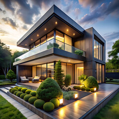 Modern Home Exterior: A stunning, contemporary home showcases a sleek design, with large windows, a balcony, and landscaped garden, illuminated at dusk.
